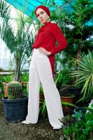 Tesettür giyim EKRU YÜKSEK BEL KEMERLİ PANTOLON 0105 