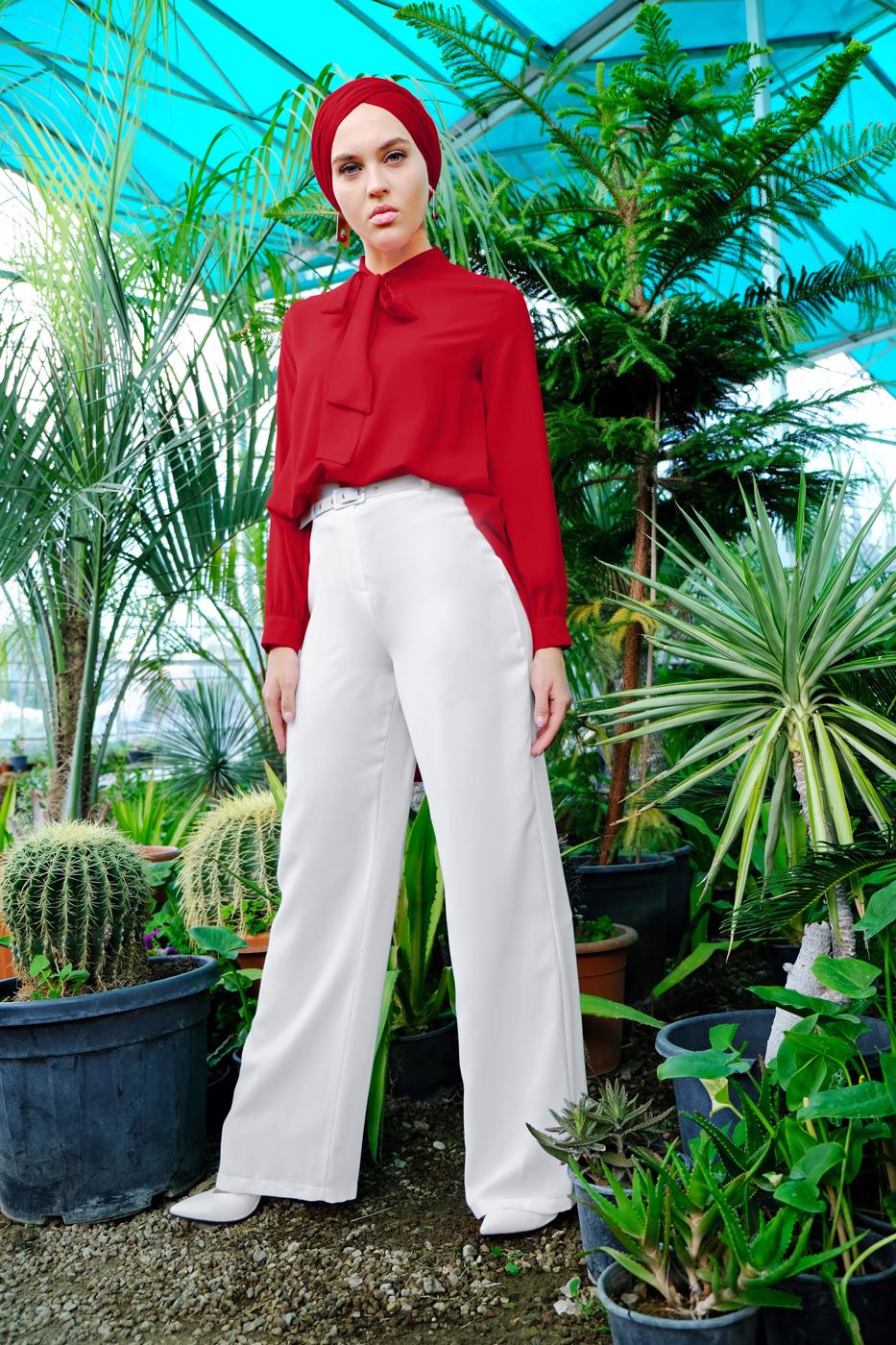 Tesettür giyim EKRU YÜKSEK BEL KEMERLİ PANTOLON 0105 