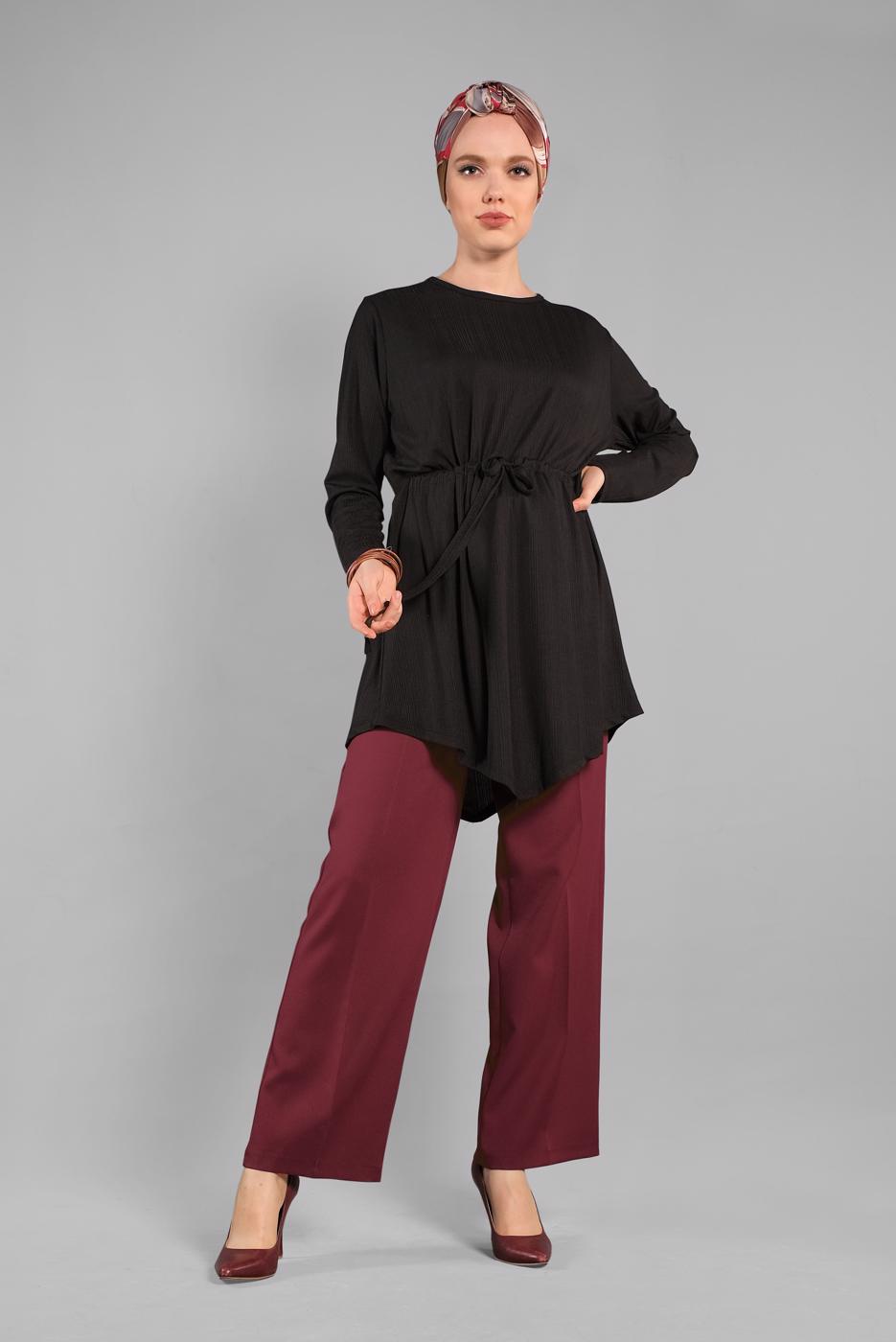 Hijab clothing CLARET RED Laced Waist Wide Pants T 1002 