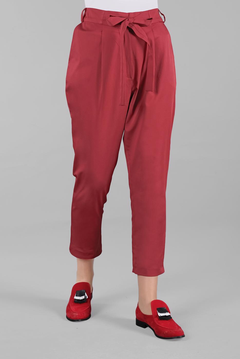 Hijab clothing CLARET RED Belted Waist Carrot Pants T 2503 