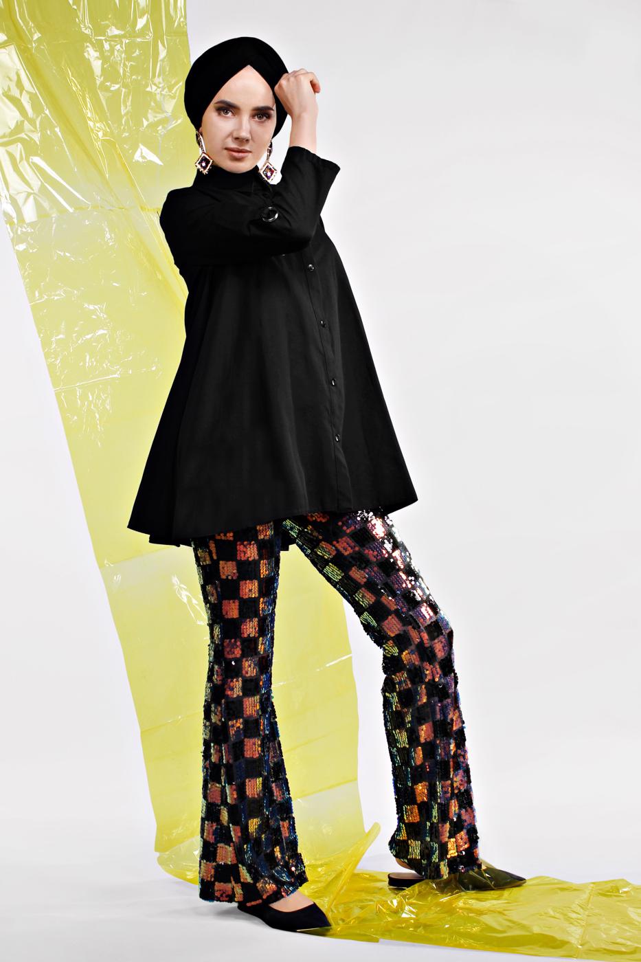 Tesettür giyim SİYAH  İSPANYOL PAÇA PAYET PANTOLON 5005