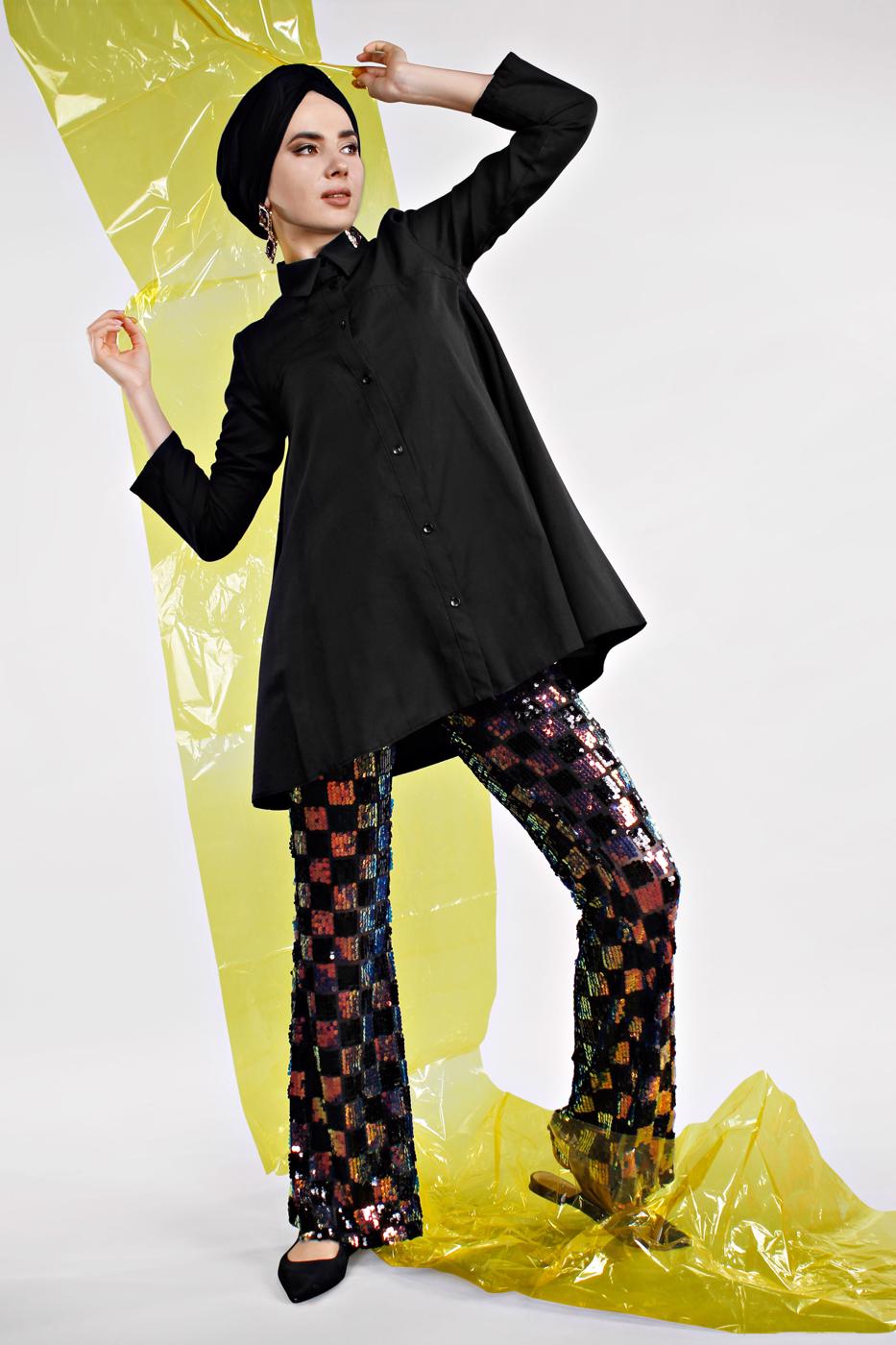 Tesettür giyim SİYAH  İSPANYOL PAÇA PAYET PANTOLON 5005