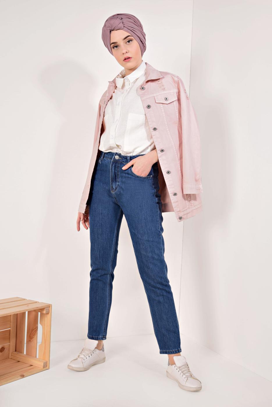 Tesettür giyim LACİVERT YÜKSEK BEL CEPLİ KOT PANTOLON T 5703