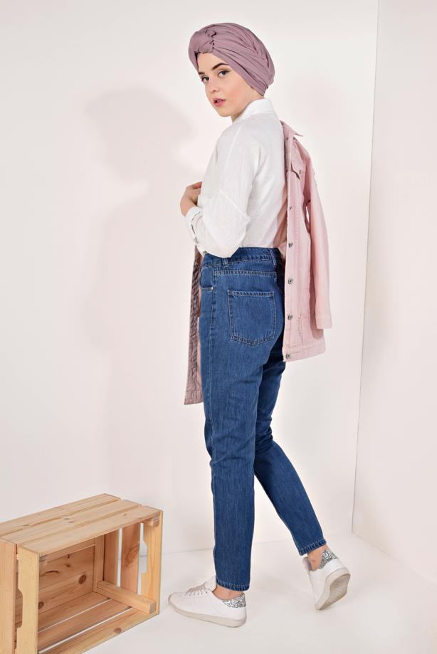 Tesettür giyim LACİVERT YÜKSEK BEL CEPLİ KOT PANTOLON T 5703 - TRENDTESETTÜR