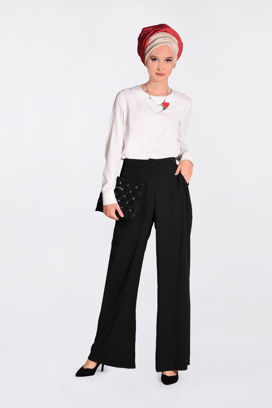 Tesettür giyim SİYAH YÜKSEK BEL CEPLİ BOL PANTOLON 7340