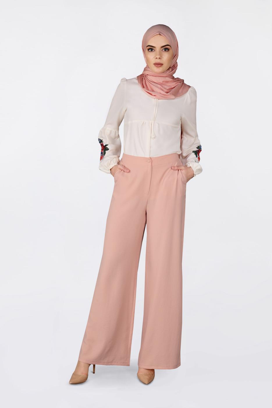 Tesettür giyim PUDRA YÜKSEK BEL CEPLİ BOL PANTOLON 7340