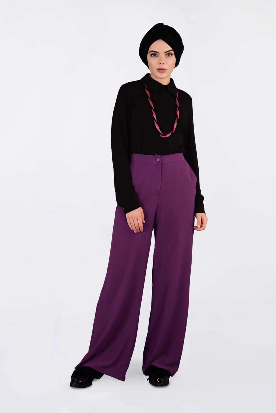 Tesettür giyim MOR YÜKSEK BEL CEPLİ BOL PANTOLON 7340