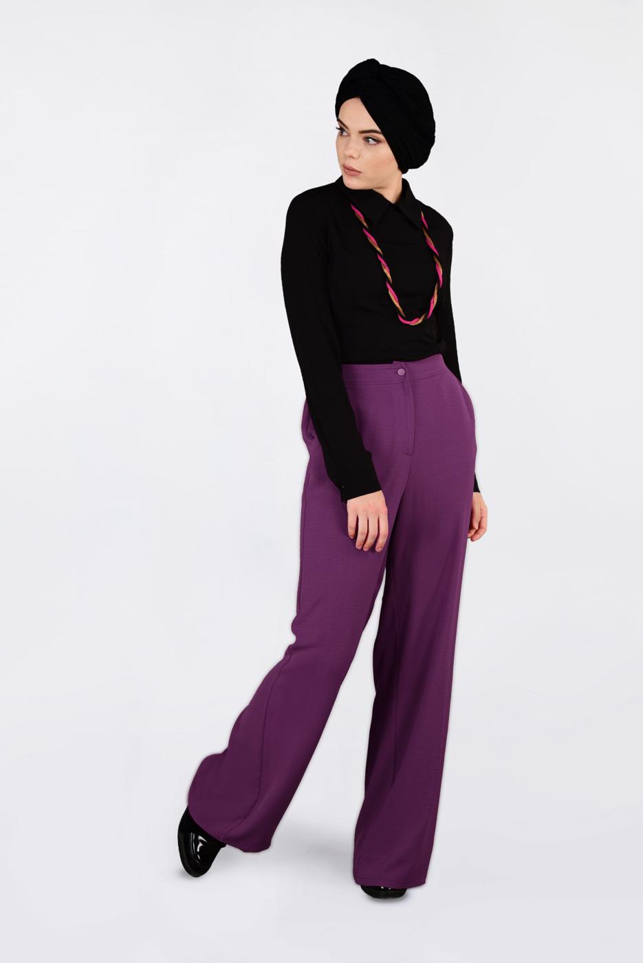 Tesettür giyim MOR YÜKSEK BEL CEPLİ BOL PANTOLON 7340