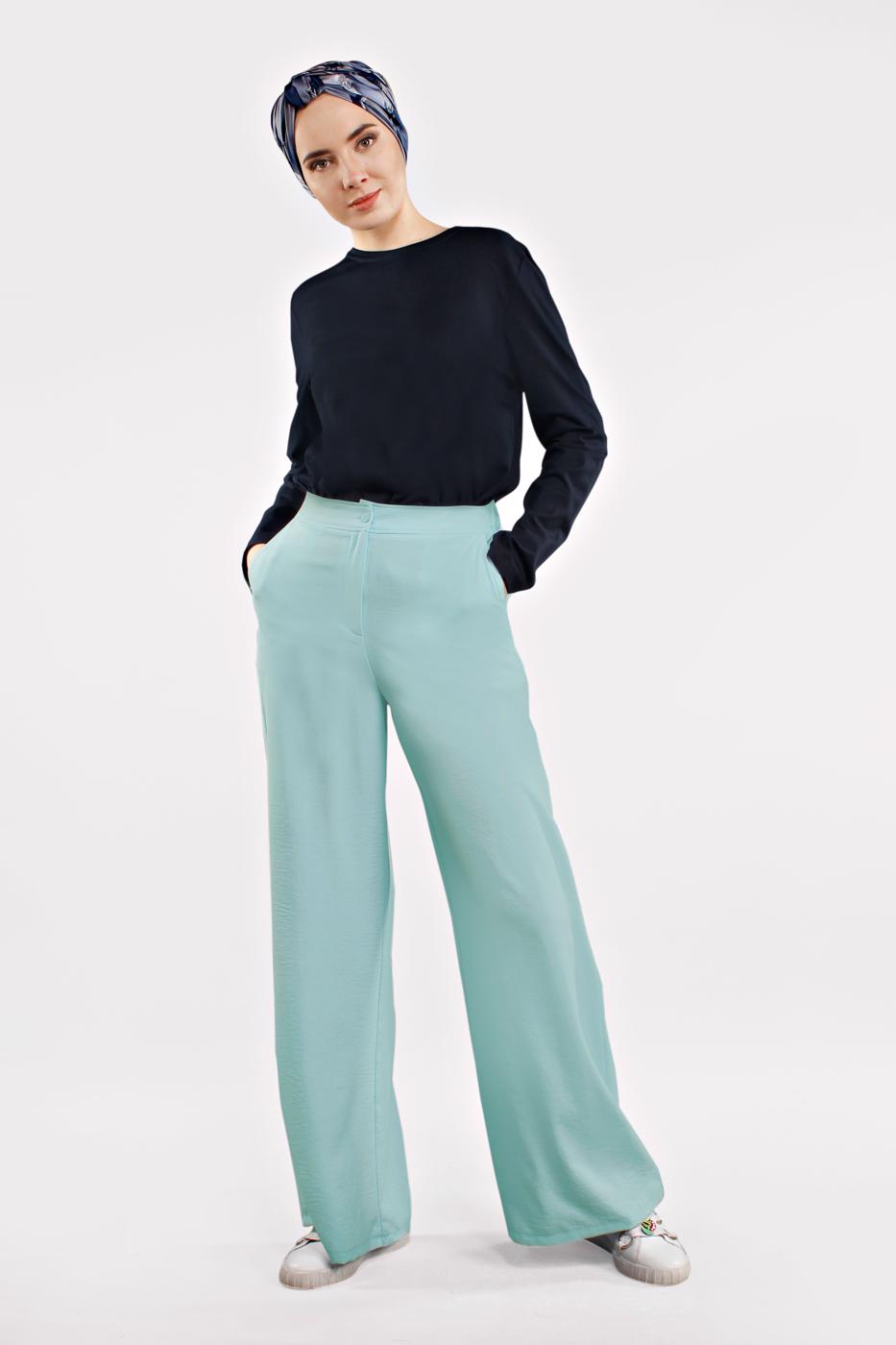 Tesettür giyim MAVİ YÜKSEK BEL CEPLİ BOL PANTOLON 7340