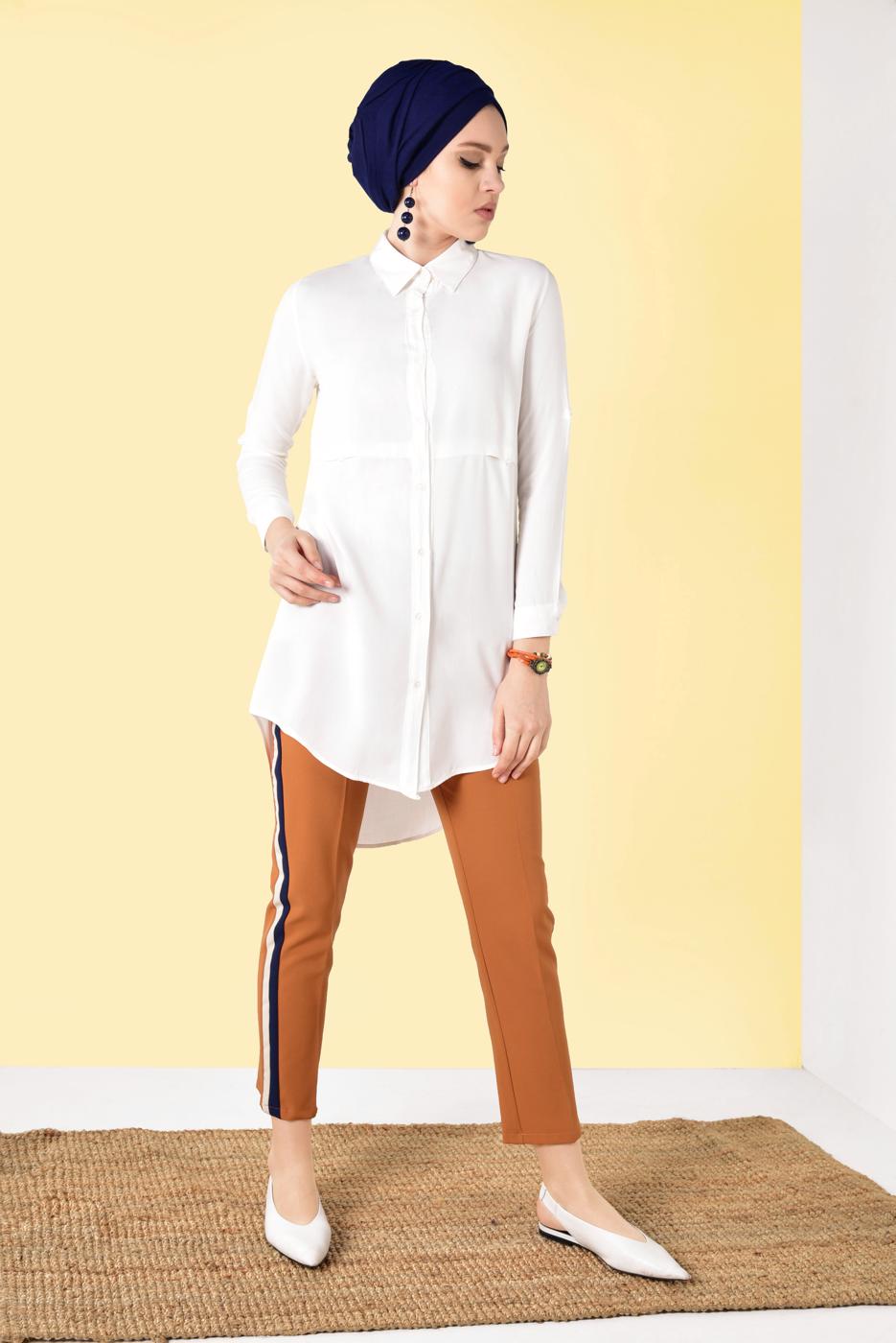 Tesettür giyim KAHVE YANLARI ÇİZGİLİ PANTOLON T 7364 