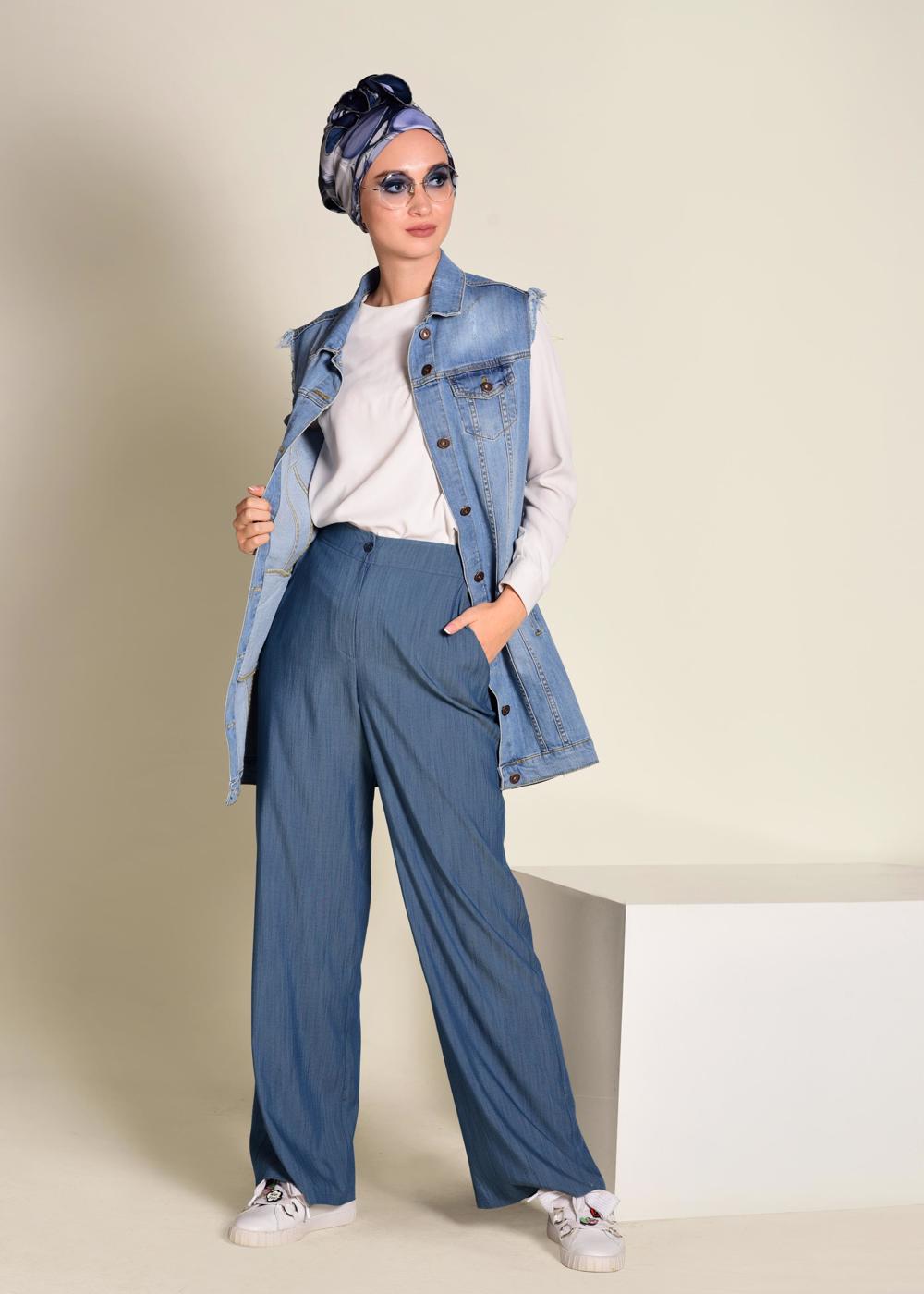 Tesettür giyim LACİVERT  DÜĞMELİ YÜKSEK BEL PANTOLON 7370