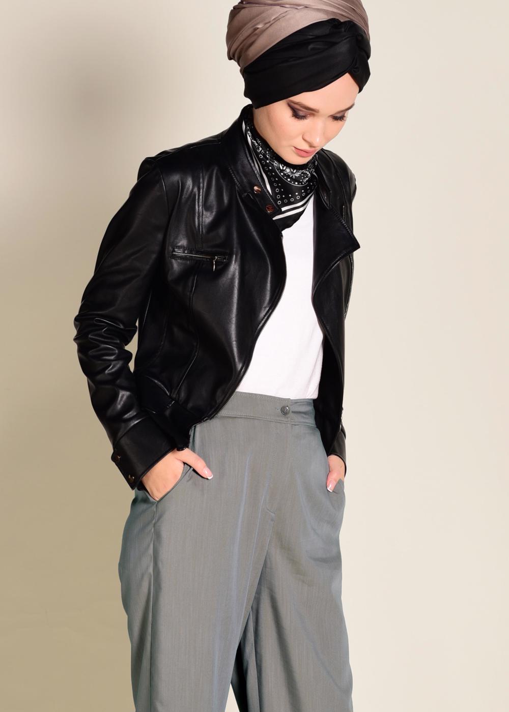 Tesettür giyim GRİ  DÜĞMELİ YÜKSEK BEL PANTOLON 7370