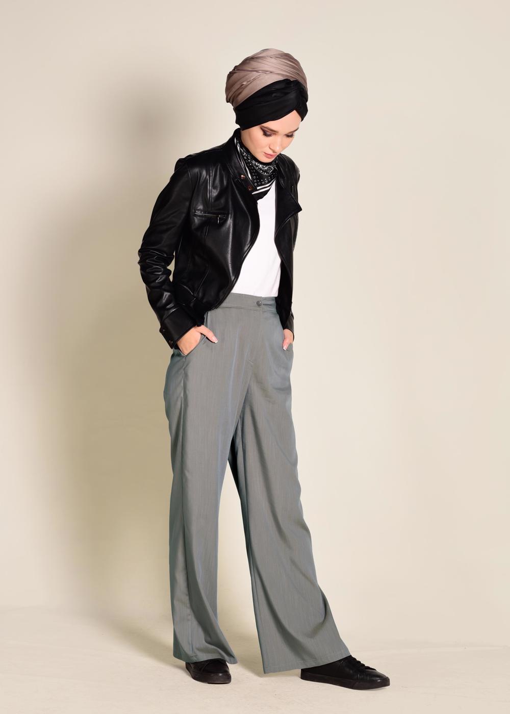 Tesettür giyim GRİ  DÜĞMELİ YÜKSEK BEL PANTOLON 7370