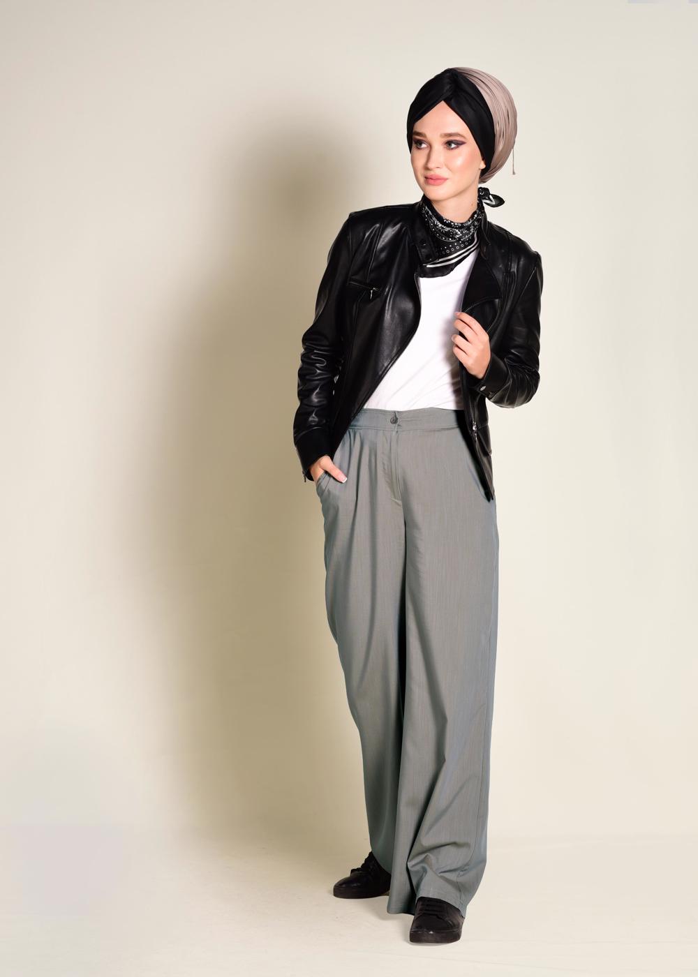 Tesettür giyim GRİ  DÜĞMELİ YÜKSEK BEL PANTOLON 7370