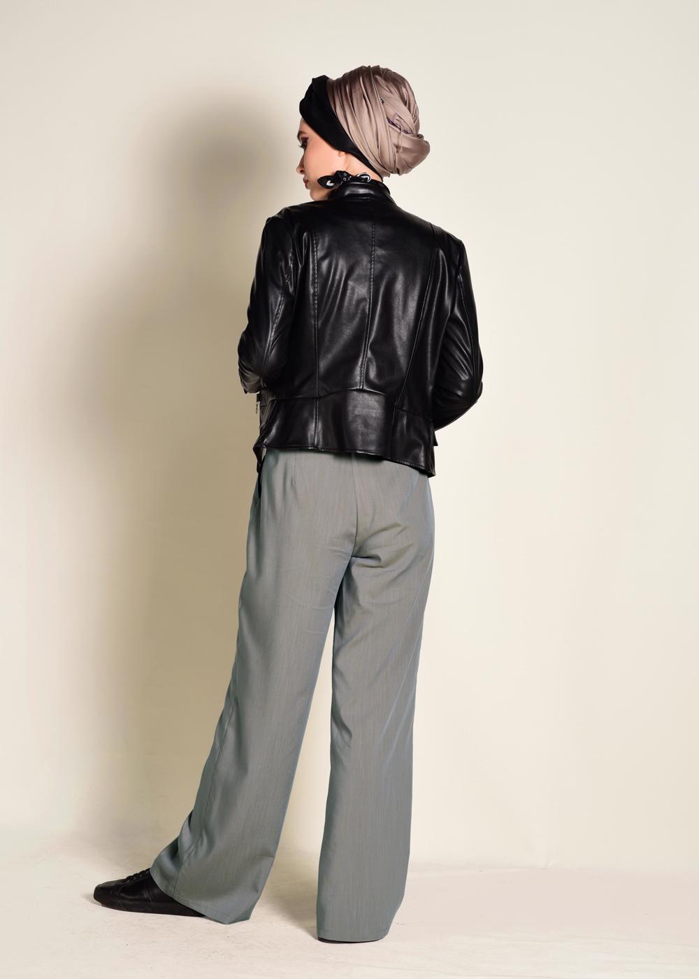 Tesettür giyim GRİ  DÜĞMELİ YÜKSEK BEL PANTOLON 7370