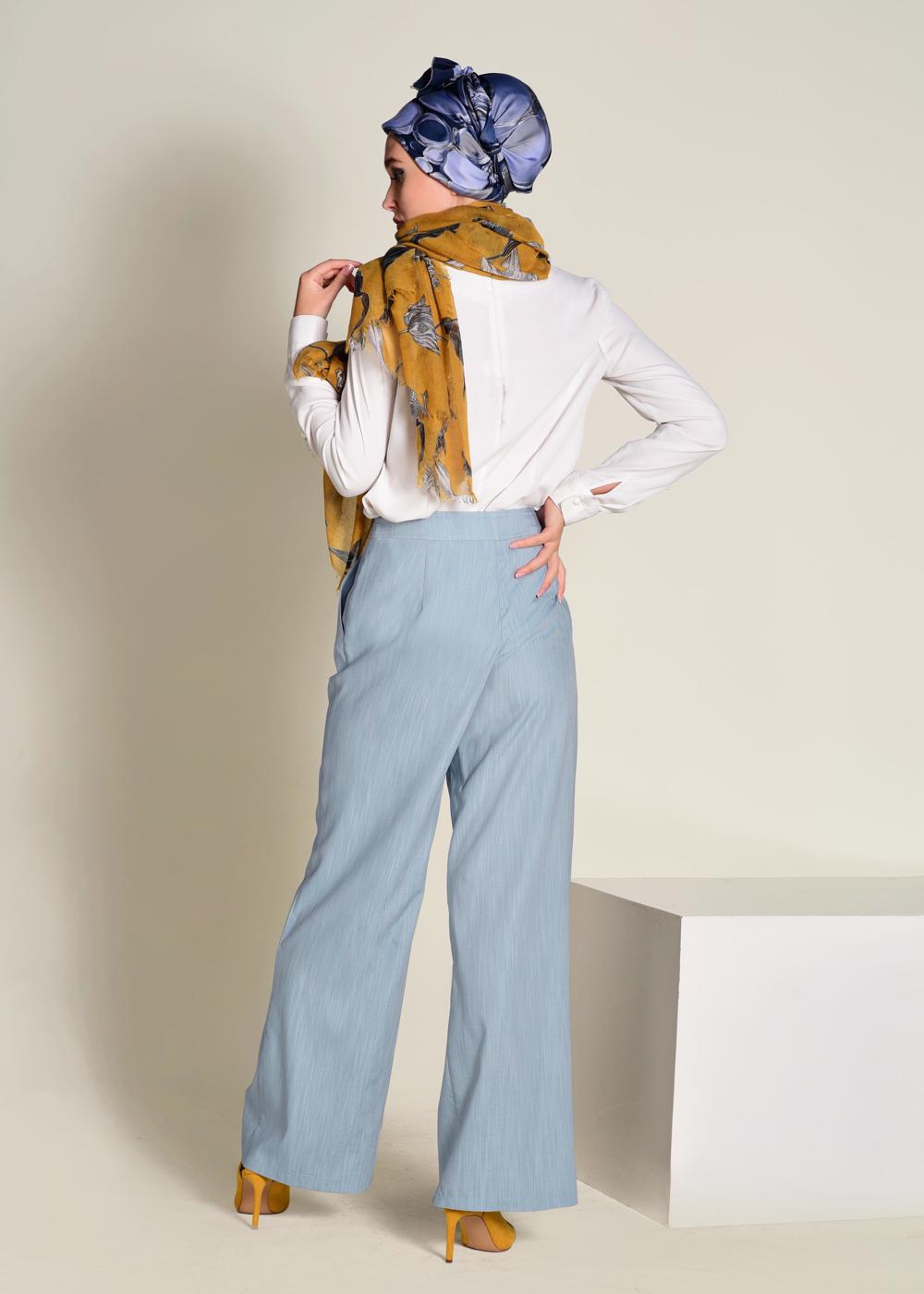 Tesettür giyim MAVİ  DÜĞMELİ YÜKSEK BEL PANTOLON 7370