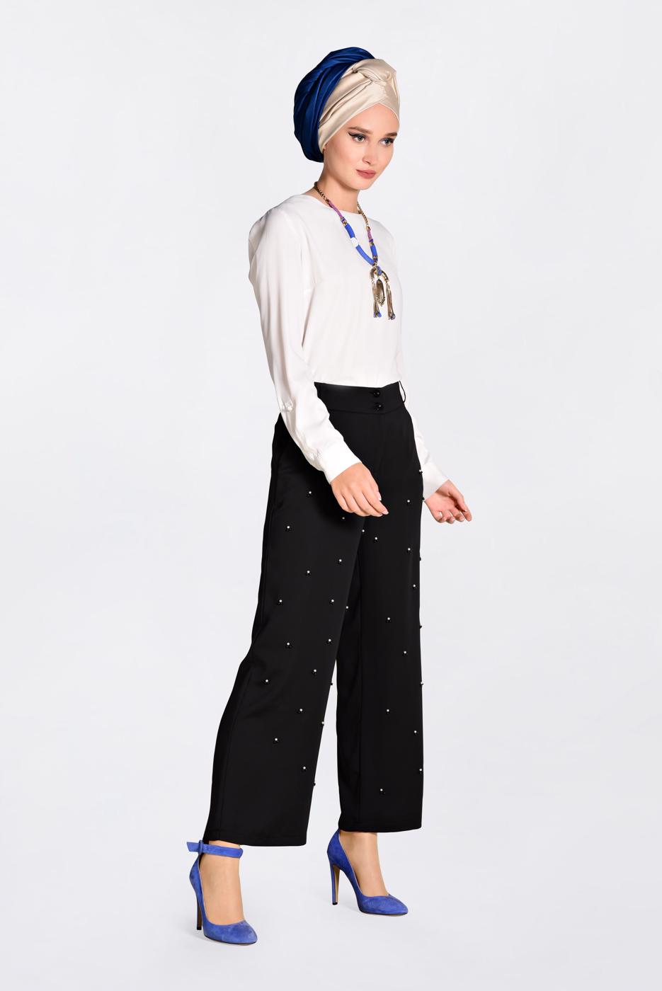 Tesettür giyim SİYAH İNCİLİ BOL PAÇA PANTOLON 7372