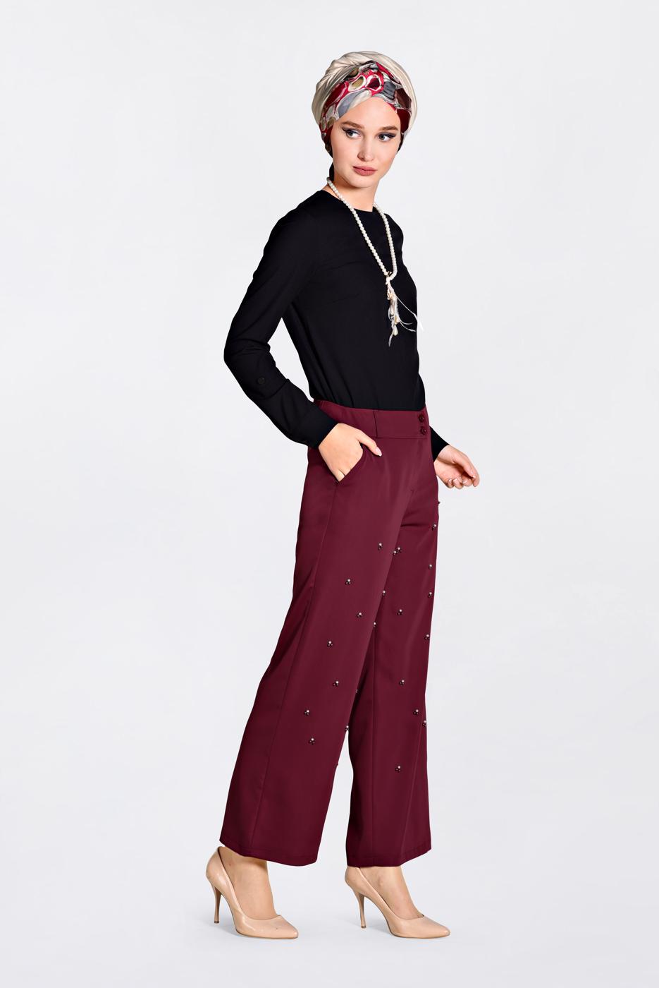 Tesettür giyim BORDO İNCİLİ BOL PAÇA PANTOLON 7372
