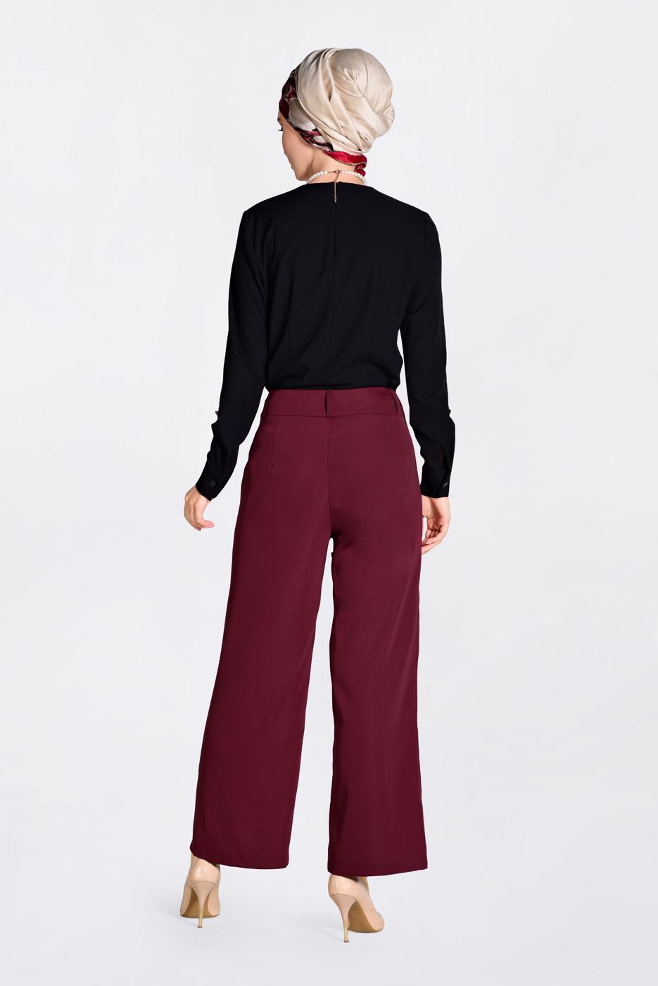 Tesettür giyim BORDO İNCİLİ BOL PAÇA PANTOLON 7372
