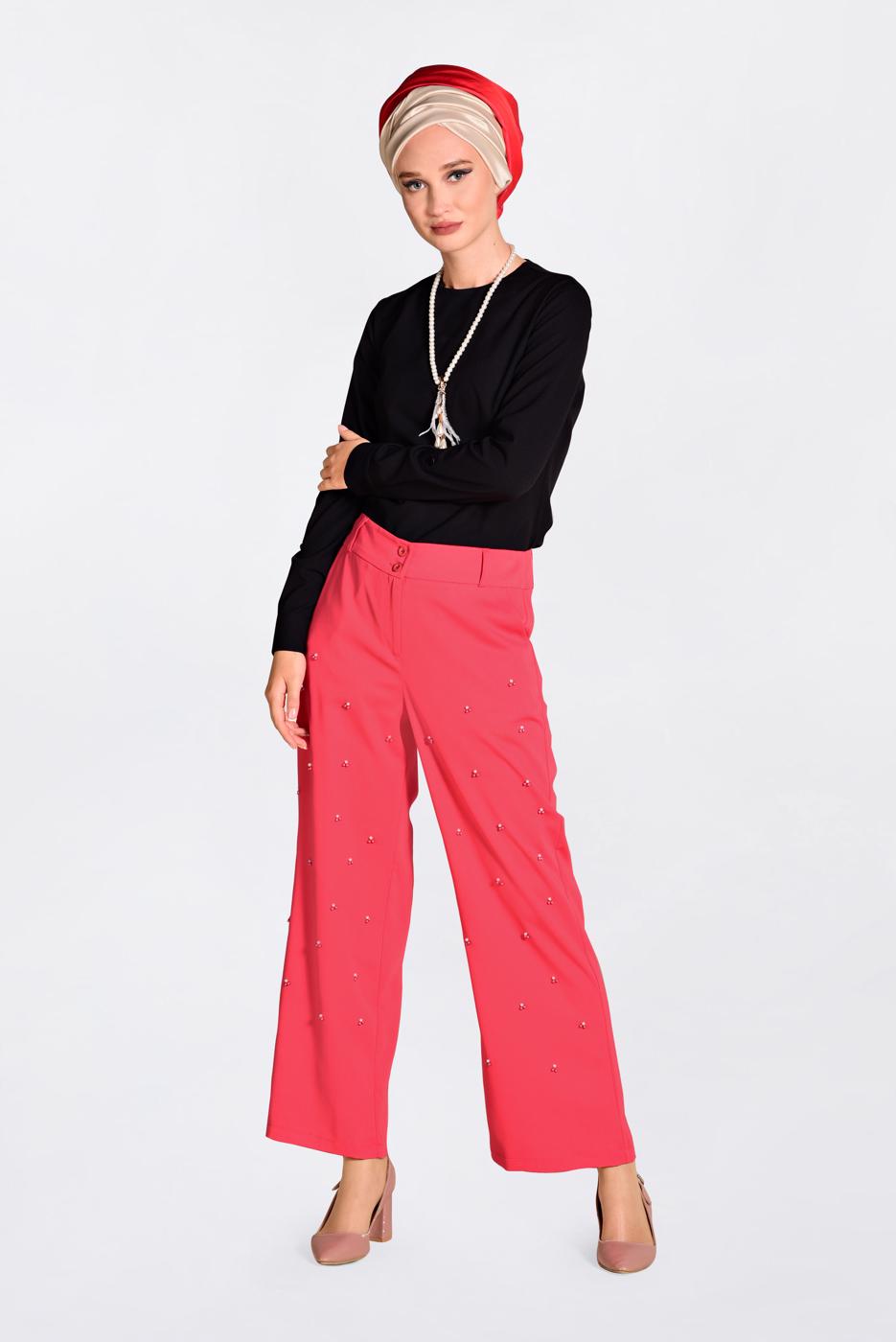 Tesettür giyim MERCAN İNCİLİ BOL PAÇA PANTOLON 7372