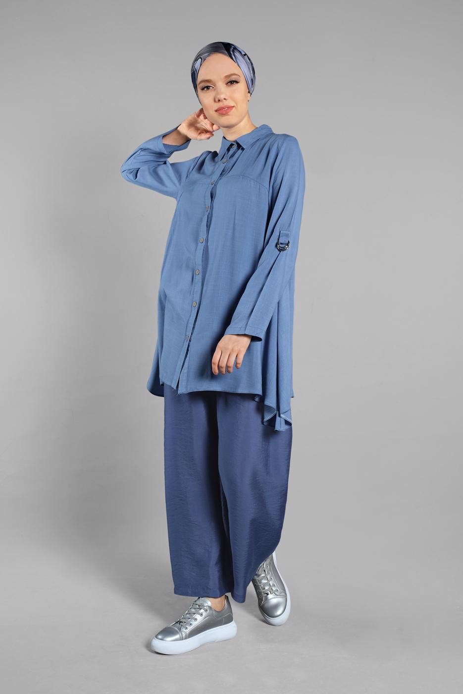 Tesettür giyim MAVİ BELİ LASTİKLİ BAĞCIKLI PANTOLON 9002 