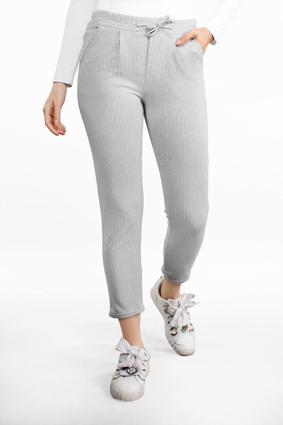 Tesettür giyim GRİ CEPLİ VE BAĞCIKLI ÇİZGİLİ PANTOLON 9206