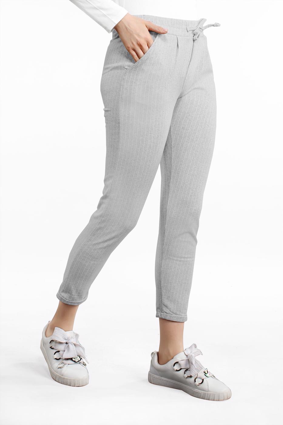 Tesettür giyim GRİ CEPLİ VE BAĞCIKLI ÇİZGİLİ PANTOLON 9206