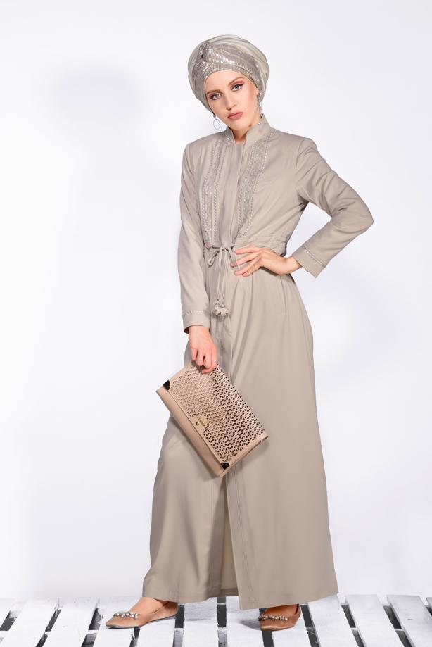 Hijab clothing BEIGE SHIRRED TOPCOAT T 1212  - TRENDTESETTÜR
