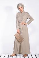 Tesettür giyim BEJ BELİ BÜZGÜLÜ HAKİM YAKA PARDESÜ T 1212 