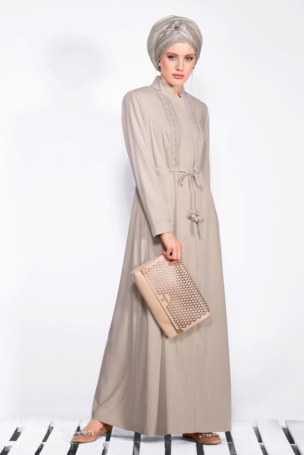 Hijab clothing BEIGE SHIRRED TOPCOAT T 1212  - TRENDTESETTÜR