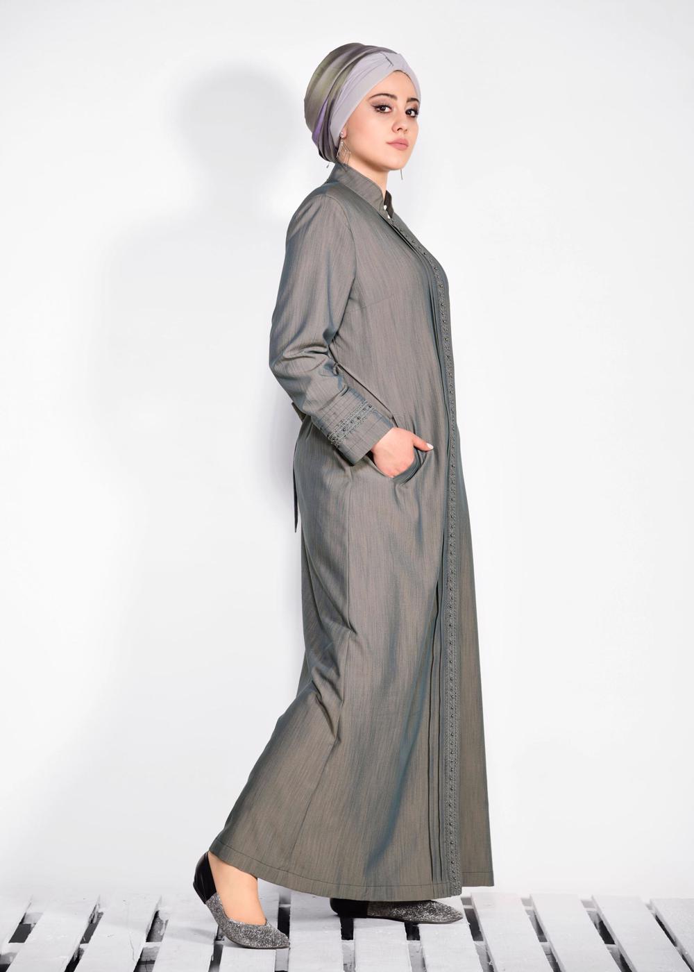 Tesettür giyim MAVİ GÜPÜR DETAYLI GİZLİ DÜĞMELİ PARDESÜ T 1247