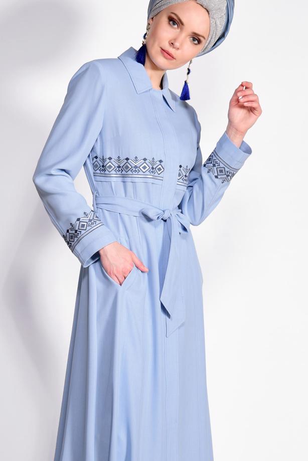 Hijab clothing BLUE HIDDEN BUTTONED EMBROIDERED TOPCOAT T 1284  - TRENDTESETTÜR