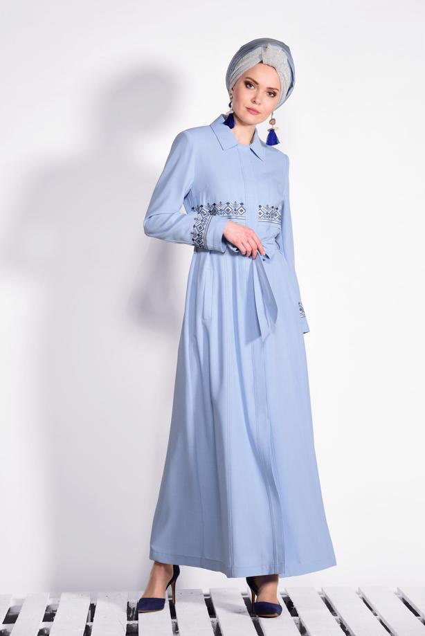 Hijab clothing BLUE HIDDEN BUTTONED EMBROIDERED TOPCOAT T 1284  - TRENDTESETTÜR