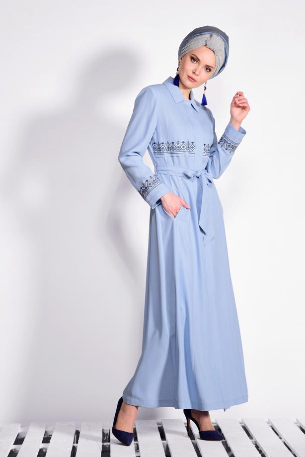 Hijab clothing BLUE HIDDEN BUTTONED EMBROIDERED TOPCOAT T 1284  - TRENDTESETTÜR