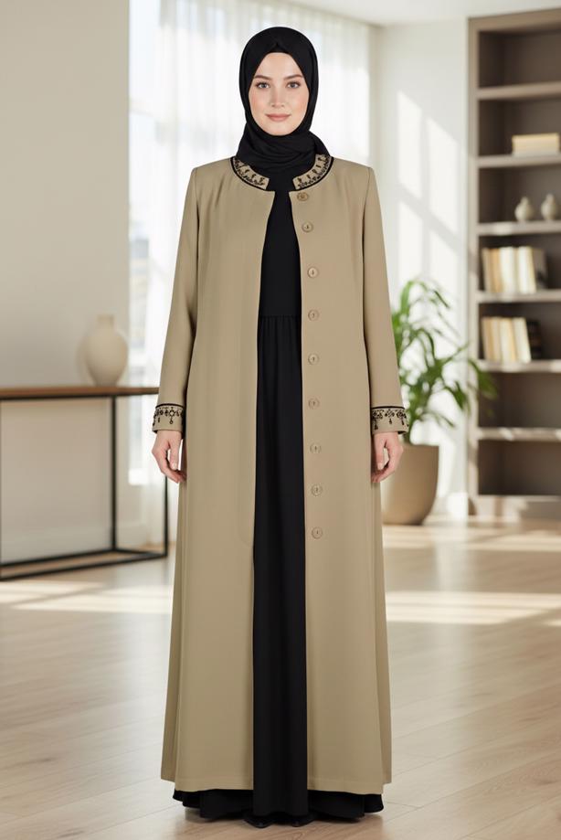 Vêtements hijab BRUN PARDESSUS BRODÉ BOUTONNÉ ALVINA T 1295 - TRENDTESETTÜR