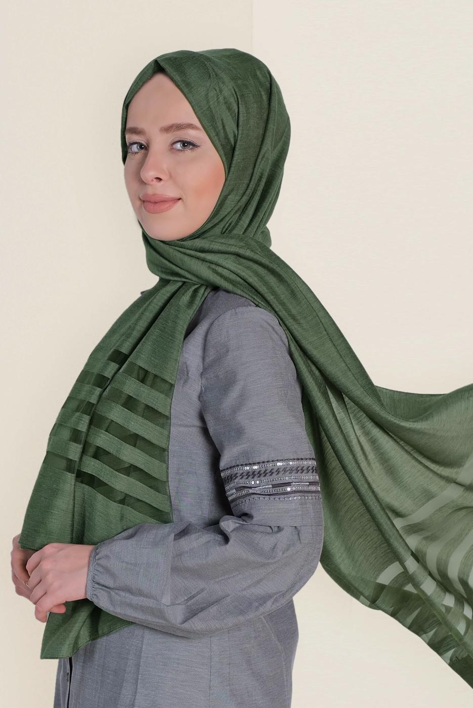 Tesettür giyim HAKİ T 9950 ALVİNA TÜLLÜ ABİYE ŞAL