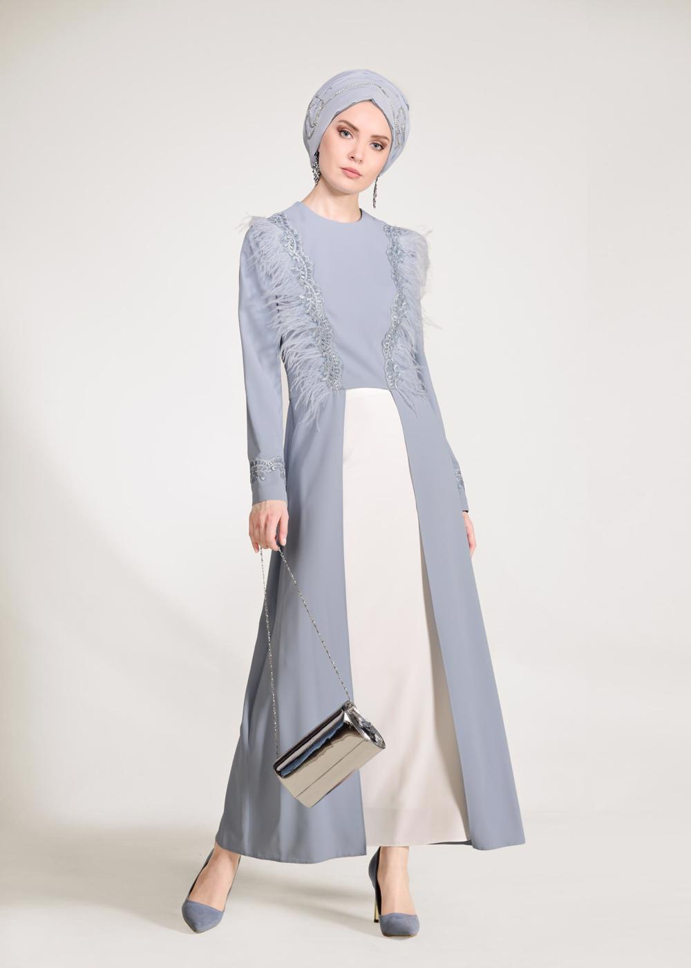 Tesettür giyim MAVİ GÜPÜR İŞLEMELİ TÜYLÜ 2&prime;Lİ ETEKLİ TAKIM 3405