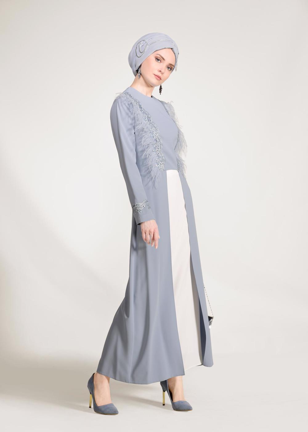 Tesettür giyim MAVİ GÜPÜR İŞLEMELİ TÜYLÜ 2&prime;Lİ ETEKLİ TAKIM 3405