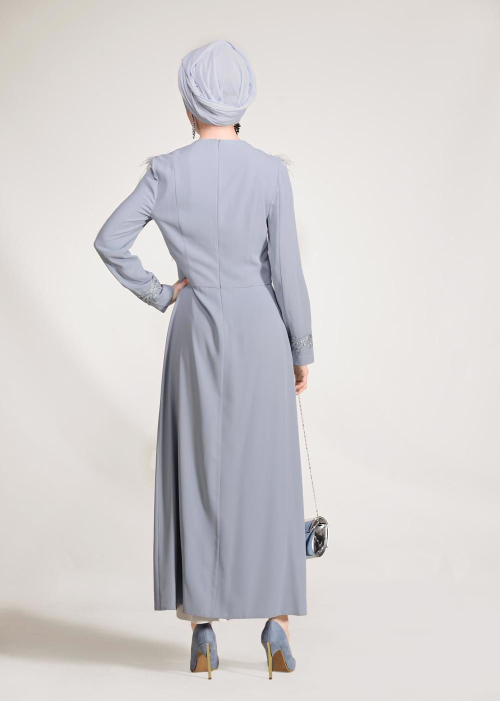 Tesettür giyim MAVİ GÜPÜR İŞLEMELİ TÜYLÜ 2&prime;Lİ ETEKLİ TAKIM 3405