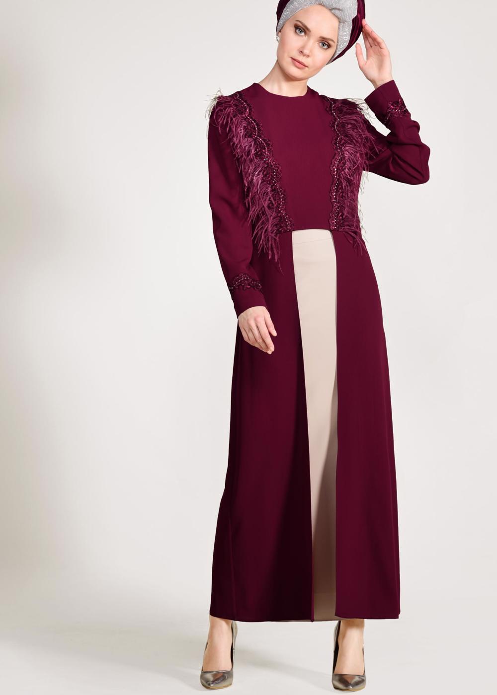 Tesettür giyim FUŞYA GÜPÜR İŞLEMELİ TÜYLÜ 2&prime;Lİ ETEKLİ TAKIM 3405