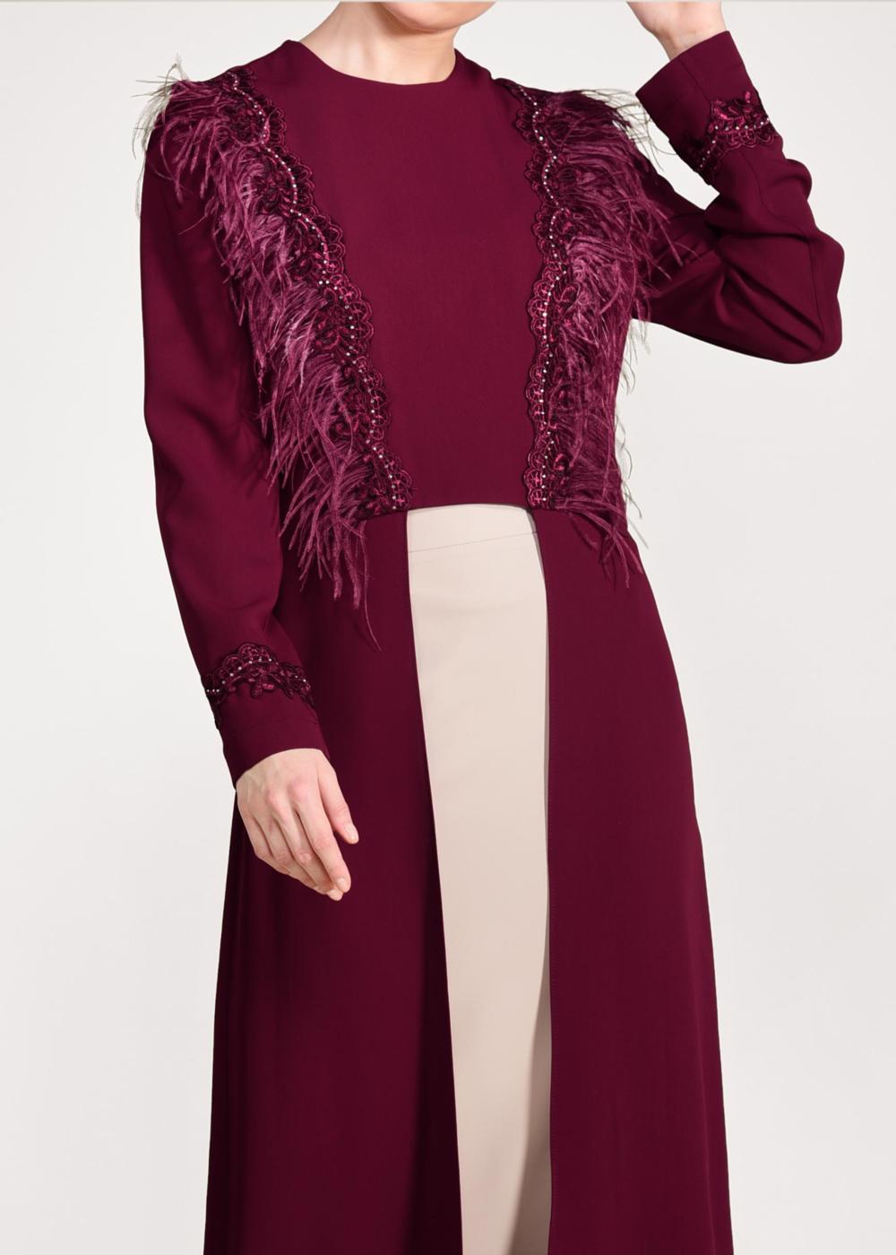 Tesettür giyim FUŞYA GÜPÜR İŞLEMELİ TÜYLÜ 2&prime;Lİ ETEKLİ TAKIM 3405