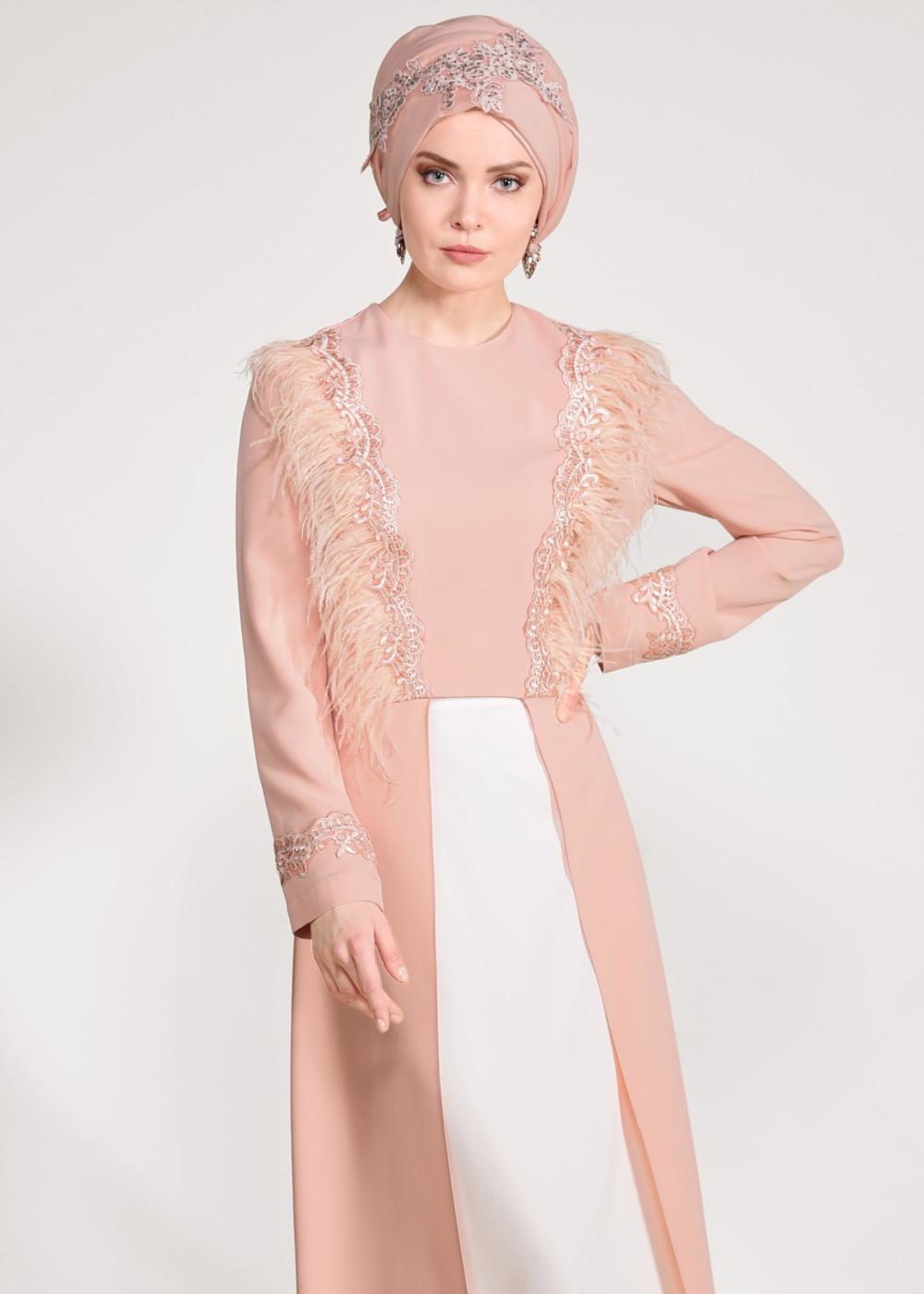 Tesettür giyim PUDRA GÜPÜR İŞLEMELİ TÜYLÜ 2&prime;Lİ ETEKLİ TAKIM 3405