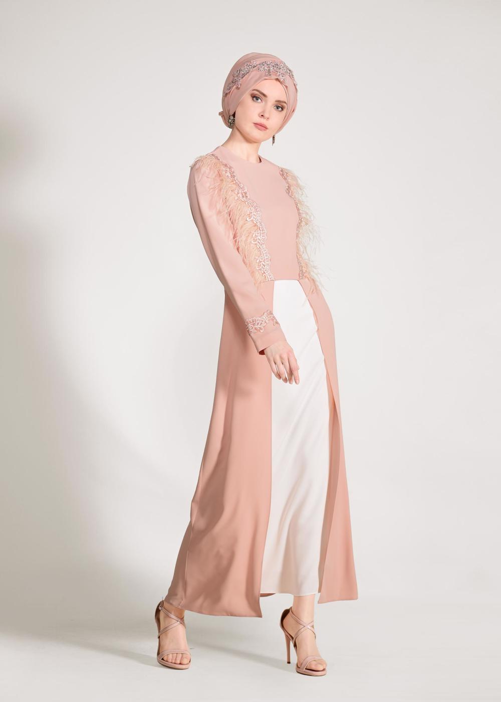 Tesettür giyim PUDRA GÜPÜR İŞLEMELİ TÜYLÜ 2&prime;Lİ ETEKLİ TAKIM 3405