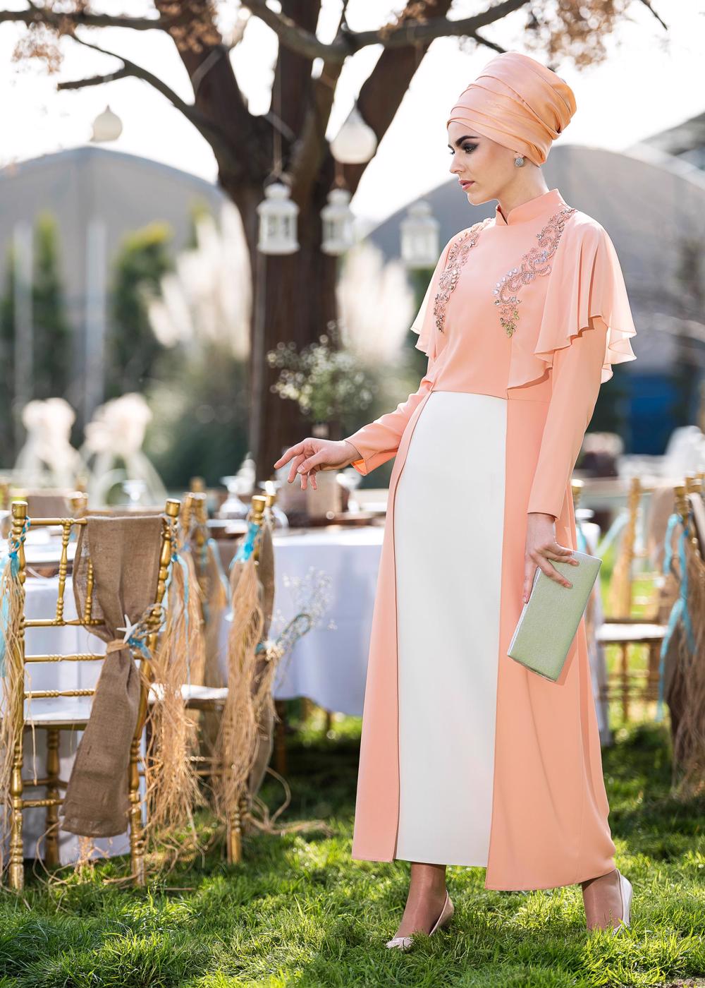 Tesettür giyim PUDRA KOLLARI VOLANLI TAŞ İŞLEMELİ 2&prime;Lİ ETEKLİ TAKIM 3406