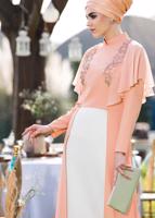 Tesettür giyim PUDRA KOLLARI VOLANLI TAŞ İŞLEMELİ 2&prime;Lİ ETEKLİ TAKIM 3406