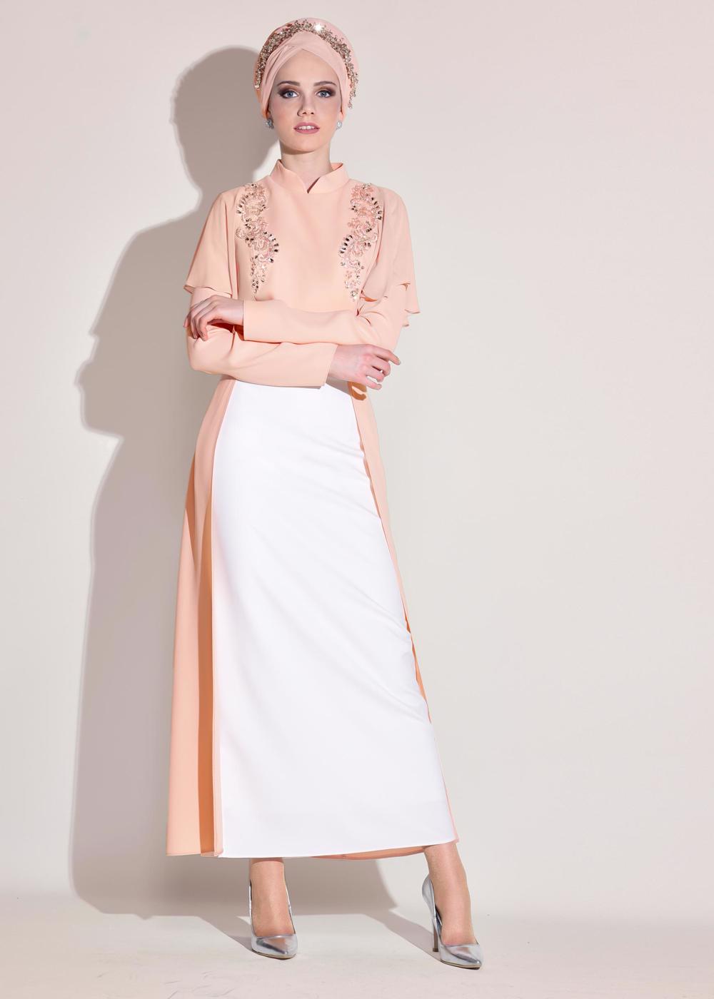 Tesettür giyim PUDRA KOLLARI VOLANLI TAŞ İŞLEMELİ 2&prime;Lİ ETEKLİ TAKIM 3406