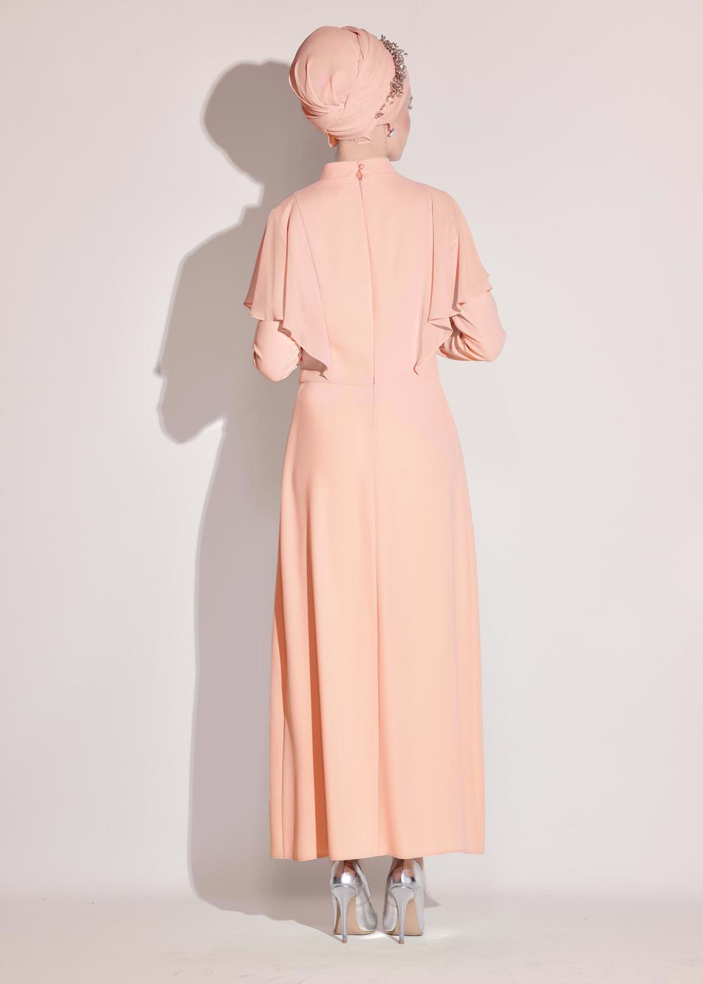 Tesettür giyim PUDRA KOLLARI VOLANLI TAŞ İŞLEMELİ 2&prime;Lİ ETEKLİ TAKIM 3406