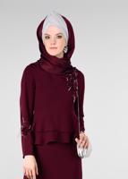 Tesettür giyim BORDO VOLAN DETAYLI İŞLEMELİ 2&prime;Lİ ETEKLİ TAKIM 3413