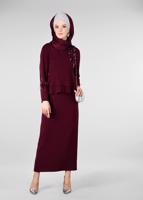 Tesettür giyim BORDO VOLAN DETAYLI İŞLEMELİ 2&prime;Lİ ETEKLİ TAKIM 3413