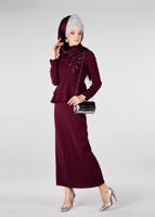 Tesettür giyim BORDO VOLAN DETAYLI İŞLEMELİ 2&prime;Lİ ETEKLİ TAKIM 3413
